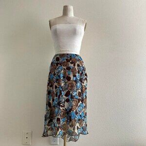 Vintage Y2K Zola 100% silk brown blue floral print midi skirt